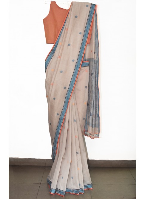   Beige, Handwoven Organic Cotton, Textured Weave , Jacquard, Work Wear, Saree